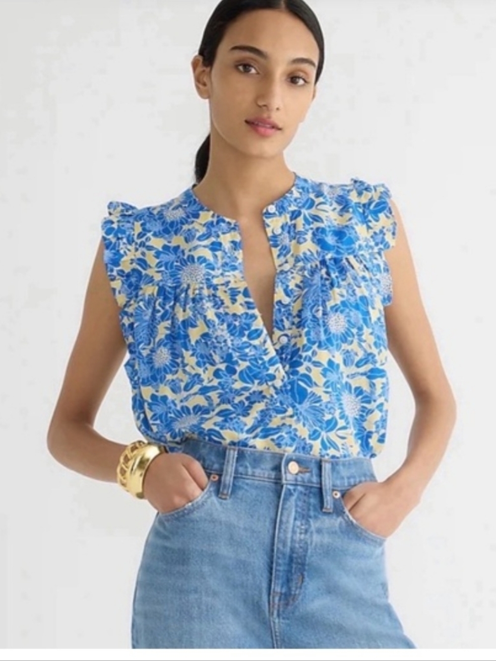J.Crew Yellow & Blue Floral Cap-Sleeve Blouse
